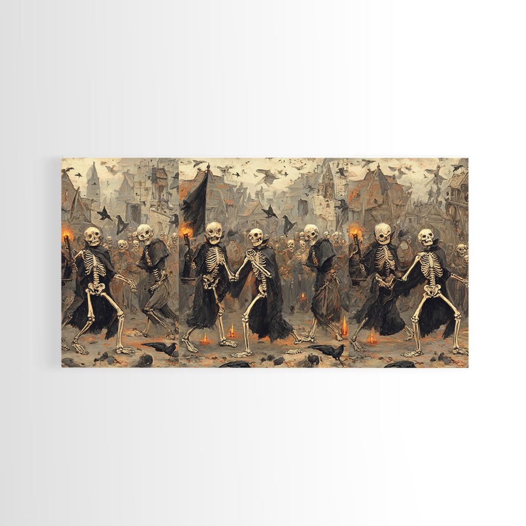 Medieval Danse Macabre, Northern Renaissance Horror, Wide Panoramic Art, Dark Fantasy Wall Art, Framed Canvas Print
