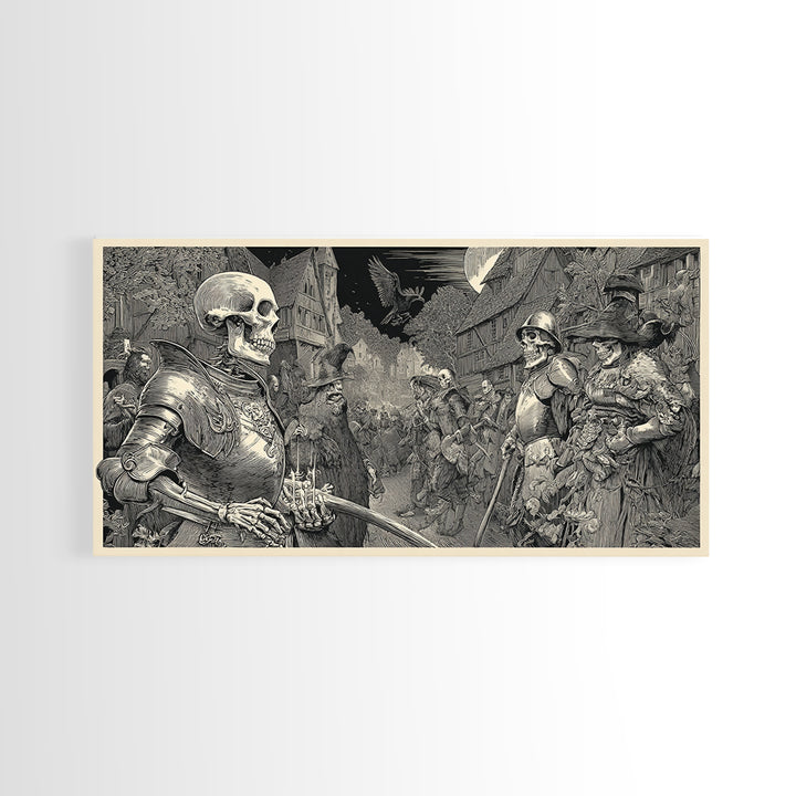 Medieval Danse Macabre, Renaissance Engraving Art, Wide Panoramic Art, Dark Fantasy Wall Art, Framed Canvas Print, Halloween Wall Art
