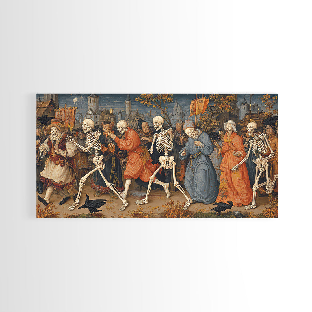 Medieval Danse Macabre, Danse Macabre Art, Wide Panoramic Art, Dark Fantasy Wall Art, Canvas Print, Halloween Wall Art