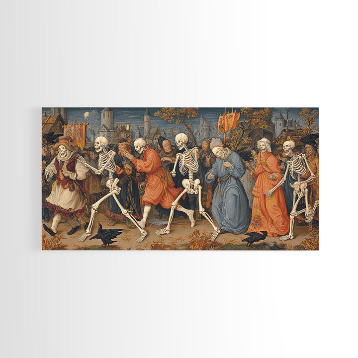 Medieval Danse Macabre, Danse Macabre Art, Wide Panoramic Art, Dark Fantasy Wall Art, Canvas Print, Halloween Wall Art
