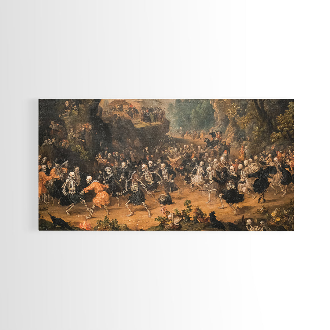 Medieval Danse Macabre, Baroque Witchcraft Art, Wide Panoramic Art, Dark Halloween Decor, Canvas Print, Halloween Wall Art