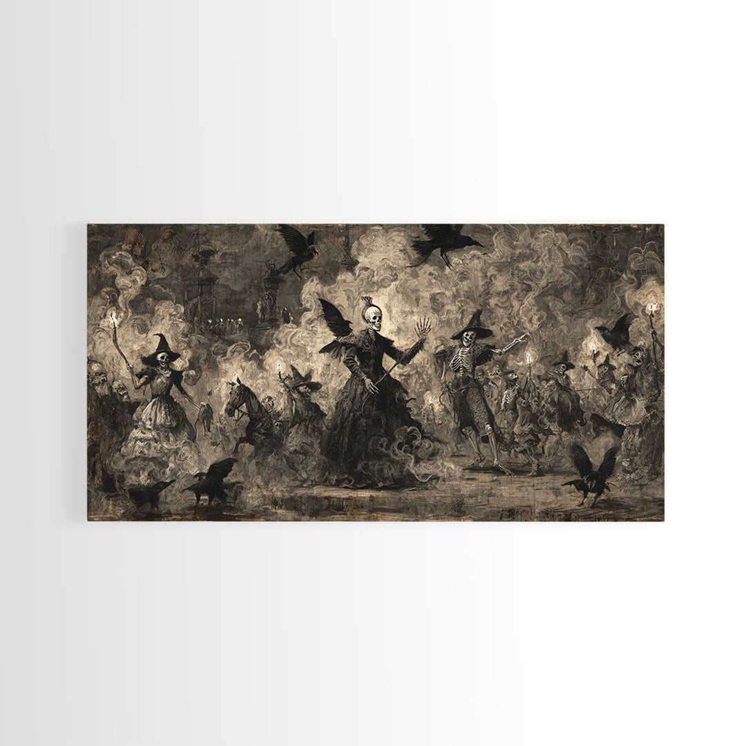 Medieval Danse Macabre, Dark Romantic Horror Art, Wide Panoramic Art, Gothic Horror Wall Art, Framed Canvas Print, Halloween Wall Art