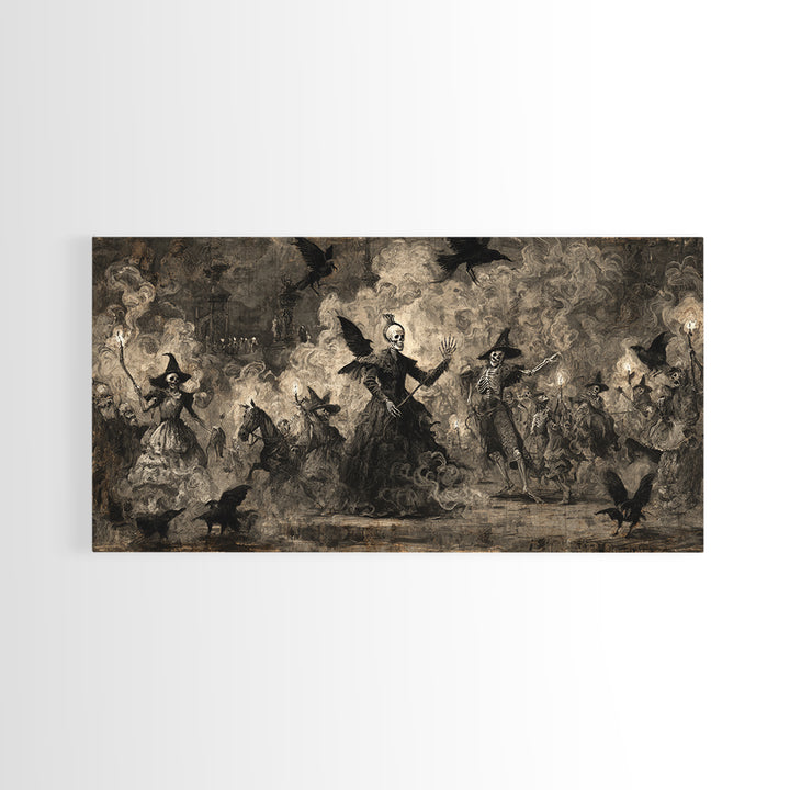 Medieval Danse Macabre, Dark Romantic Horror Art, Wide Panoramic Art, Gothic Horror Wall Art, Framed Canvas Print, Halloween Wall Art