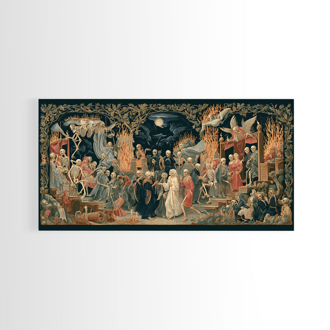 Medieval Danse Macabre, Visionary Gothic Art, Wide Panoramic Art, Dark Fantasy Wall Art, Framed Canvas Print, Halloween Wall Art