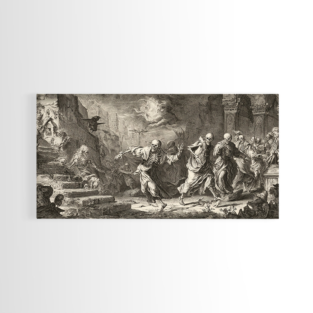 Medieval Danse Macabre, Architectural Etching Art, Wide Panoramic Art, Dark Halloween Decor, Framed Canvas Print