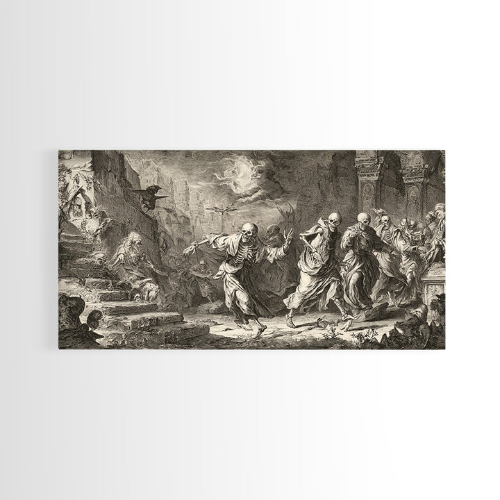 Medieval Danse Macabre, Architectural Etching Art, Wide Panoramic Art, Dark Halloween Decor, Framed Canvas Print