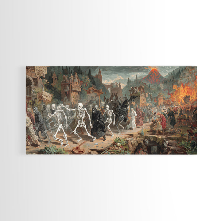 Medieval Danse Macabre, Apocalyptic Romantic Art, Wide Panoramic Art, Gothic Horror Wall Art, Canvas Print, Halloween Wall Art