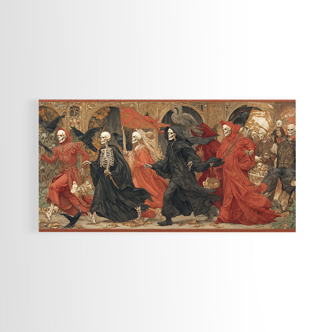 Medieval Danse Macabre, Ornate Symbolist Art, Wide Panoramic Art, Macabre Wall Art, Canvas Print, Halloween Wall Art