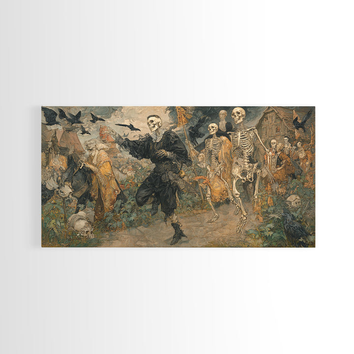 Medieval Danse Macabre, Decadent Gothic Art, Wide Panoramic Art, Macabre Wall Art, Framed Canvas Print, Halloween Wall Art