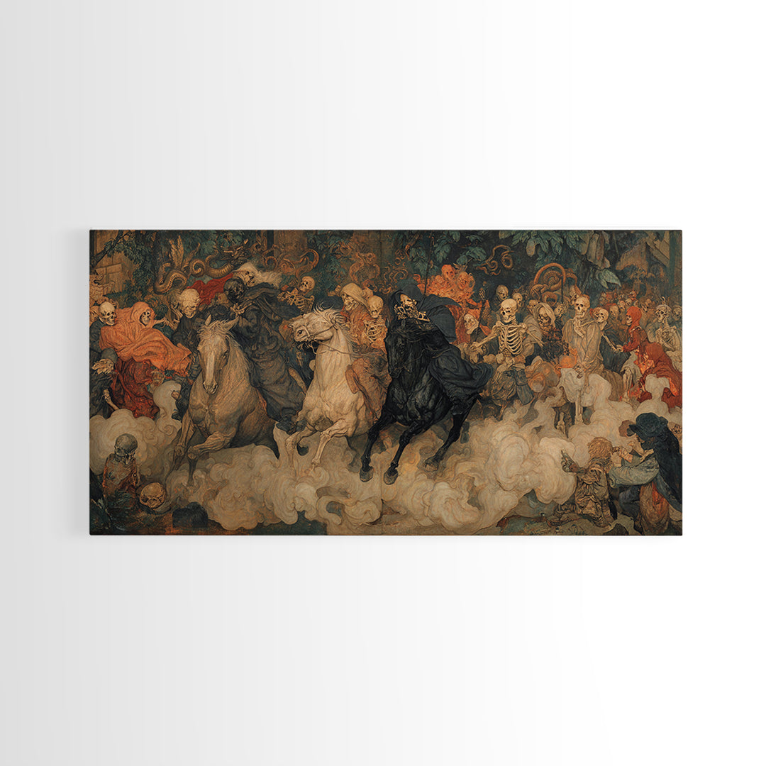 Medieval Danse Macabre, Dark Symbolist Art, Wide Panoramic Art, Dark Halloween Decor, Canvas Print, Halloween Wall Art