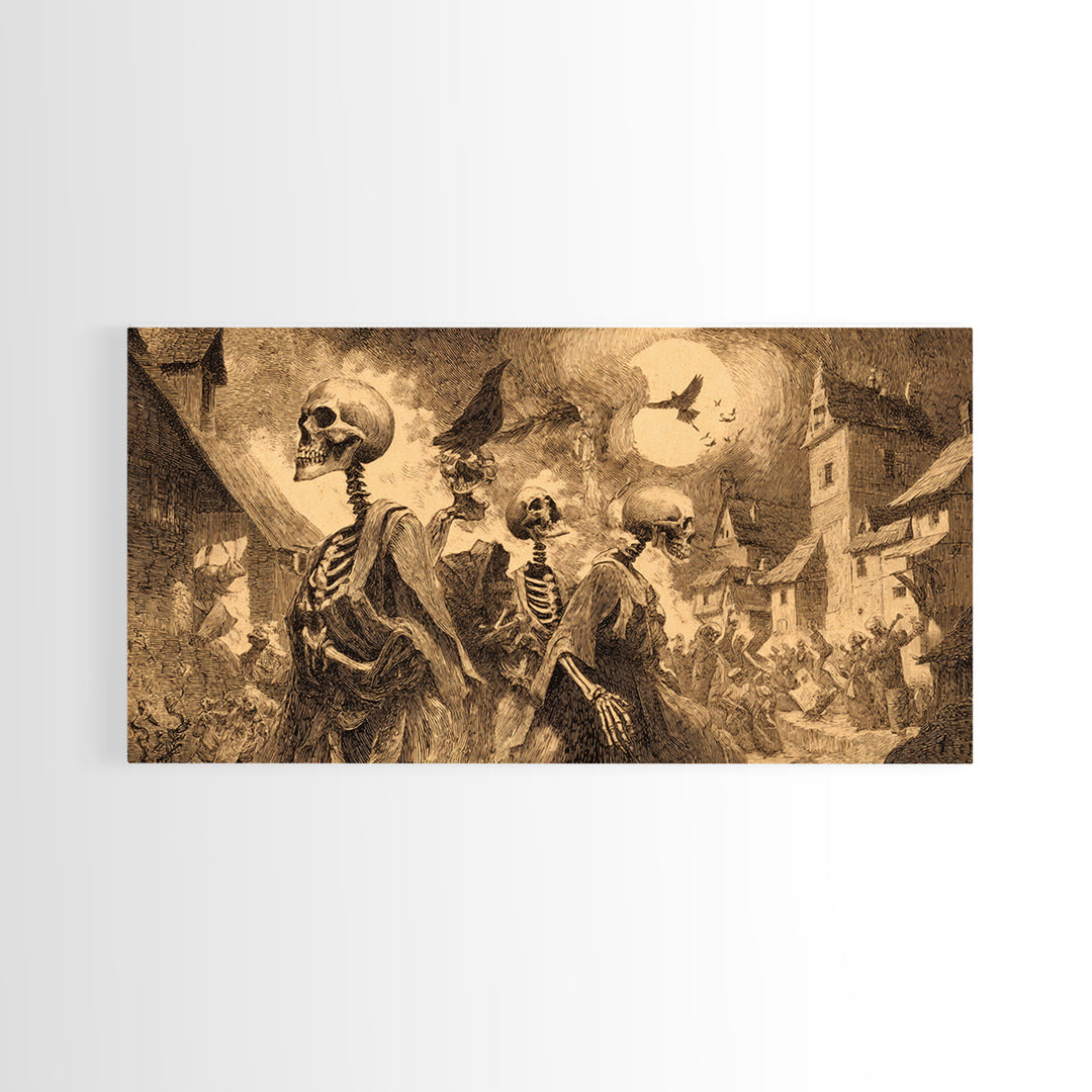 Medieval Danse Macabre, Expressionist Nightmare Art, Wide Panoramic Art, Dark Fantasy Wall Art, Framed Canvas Print, Halloween Wall Art