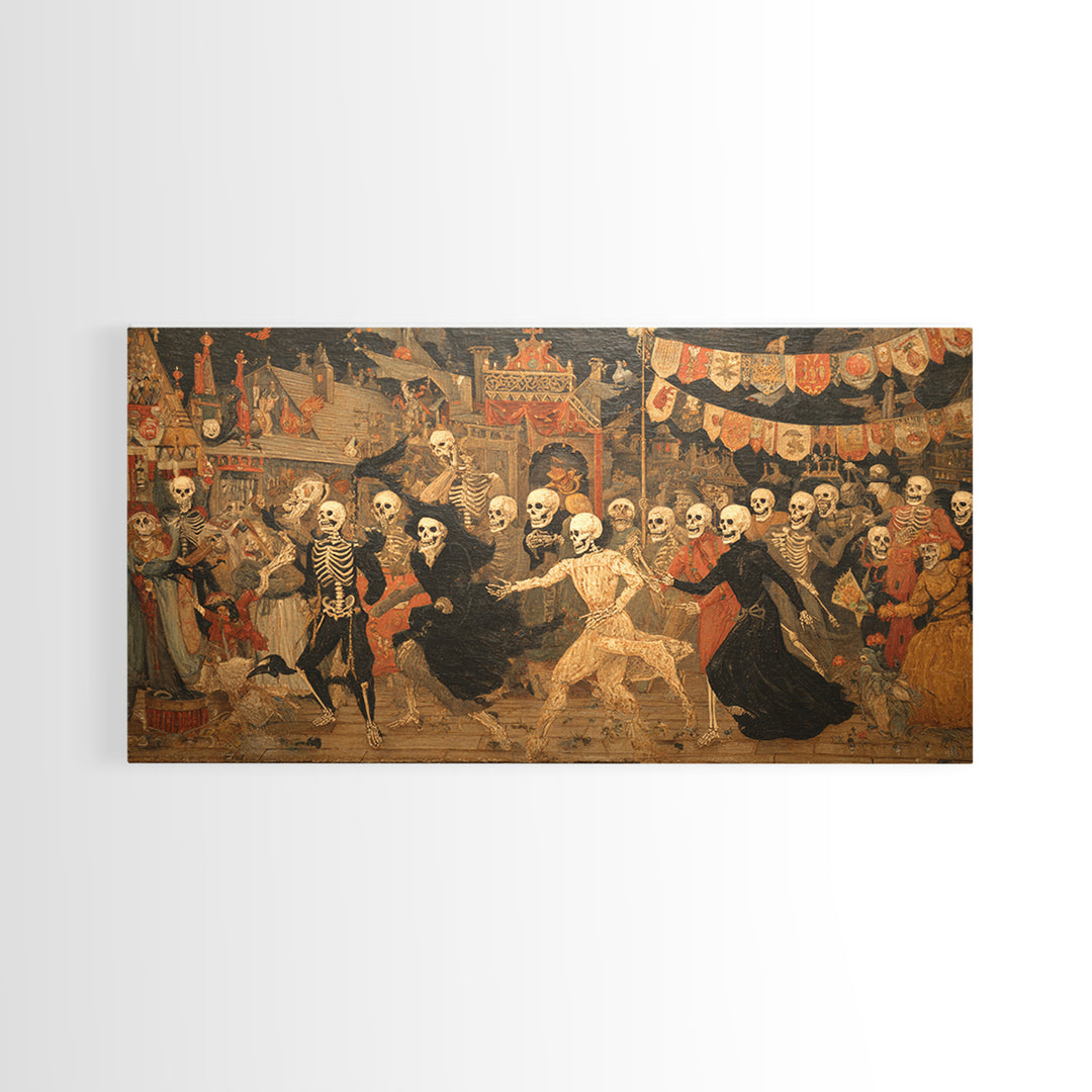 Medieval Danse Macabre, Grotesque Carnival Art, Wide Panoramic Art, Dark Fantasy Wall Art, Canvas Print, Halloween Wall Art