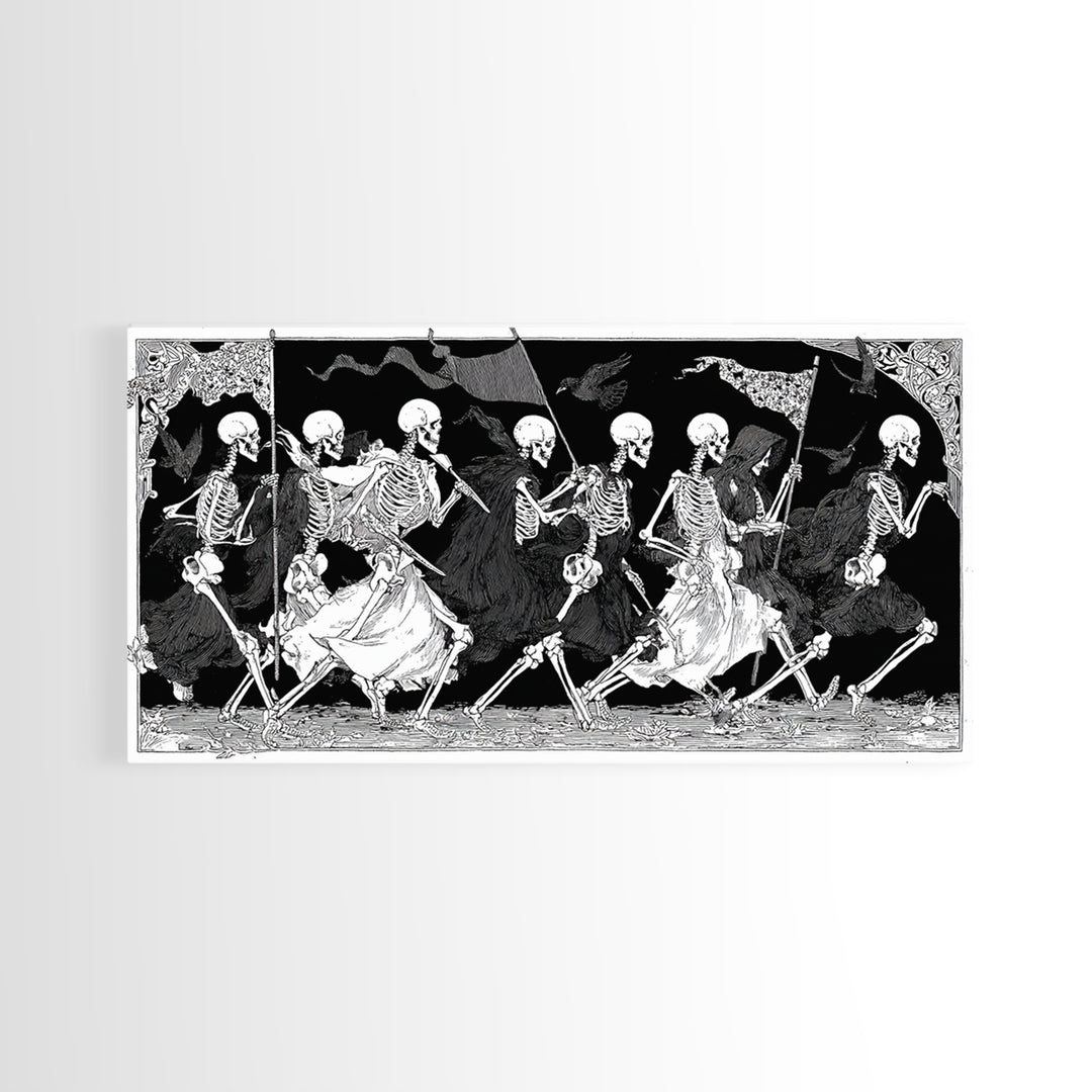 Medieval Danse Macabre, Decadent Line Art, Wide Panoramic Art, Dark Halloween Decor, Canvas Print, Halloween Wall Art