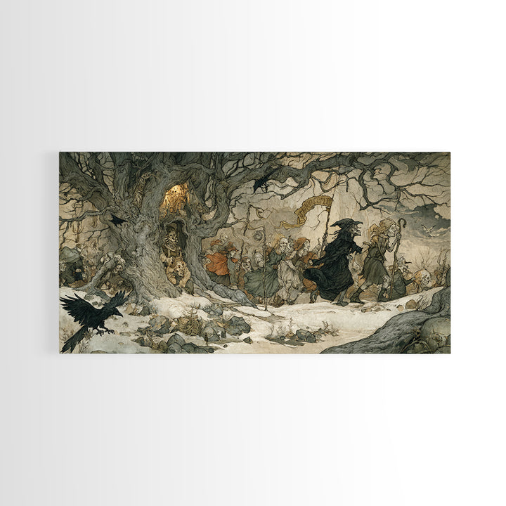 Medieval Danse Macabre, Gothic Storybook Art, Wide Panoramic Art, Dark Halloween Decor, Canvas Print, Halloween Wall Art