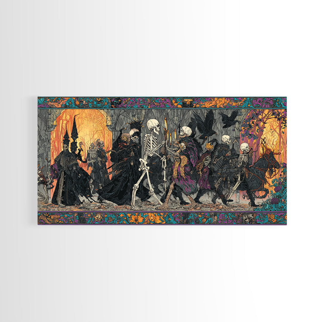 Medieval Danse Macabre, Stained Glass Gothic Art, Wide Panoramic Art, Gothic Horror Wall Art, Framed Canvas Print, Halloween Wall Art