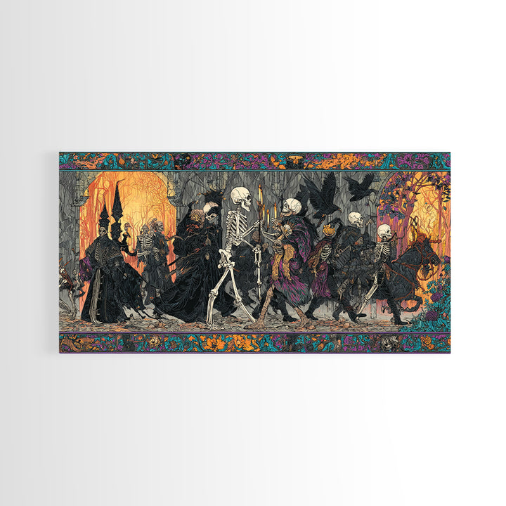 Medieval Danse Macabre, Stained Glass Gothic Art, Wide Panoramic Art, Gothic Horror Wall Art, Framed Canvas Print, Halloween Wall Art