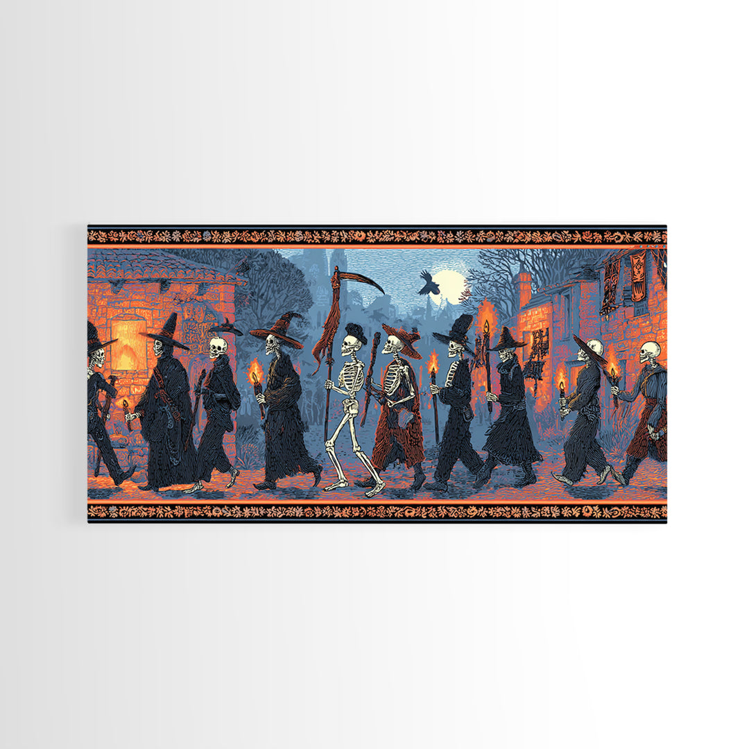 Medieval Danse Macabre, Macabre Folk Print Art, Wide Panoramic Art, Dark Fantasy Wall Art, Canvas Print, Halloween Wall Art