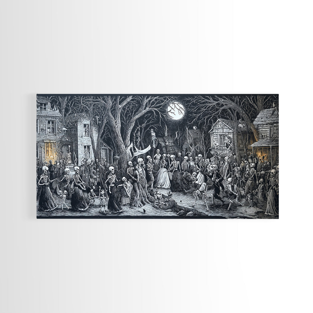 Medieval Danse Macabre, Victorian Macabre Art, Wide Panoramic Art, Gothic Horror Wall Art, Framed Canvas Print, Halloween Wall Art