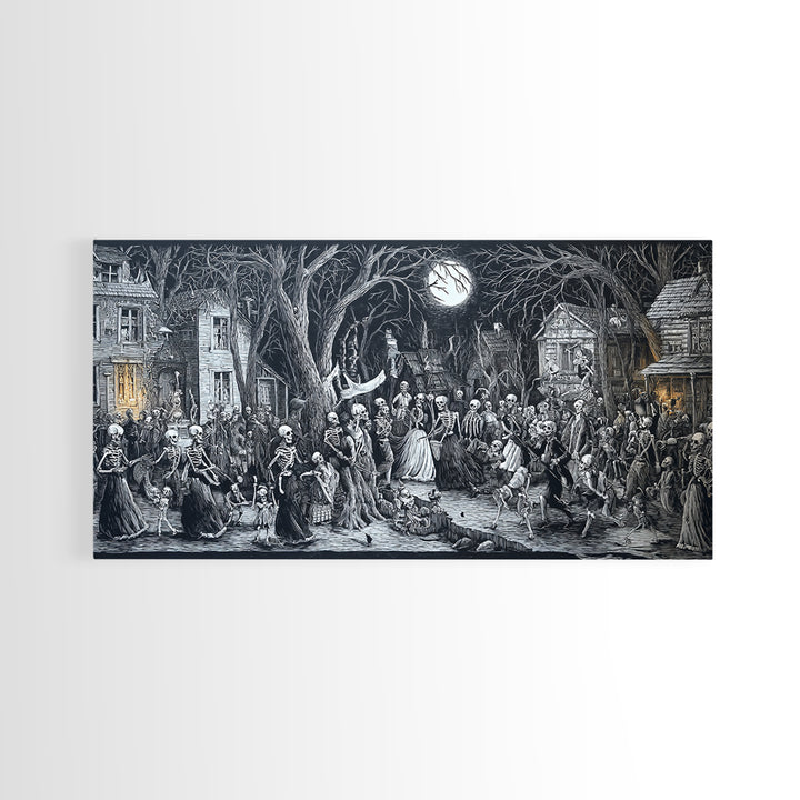 Medieval Danse Macabre, Victorian Macabre Art, Wide Panoramic Art, Gothic Horror Wall Art, Framed Canvas Print, Halloween Wall Art