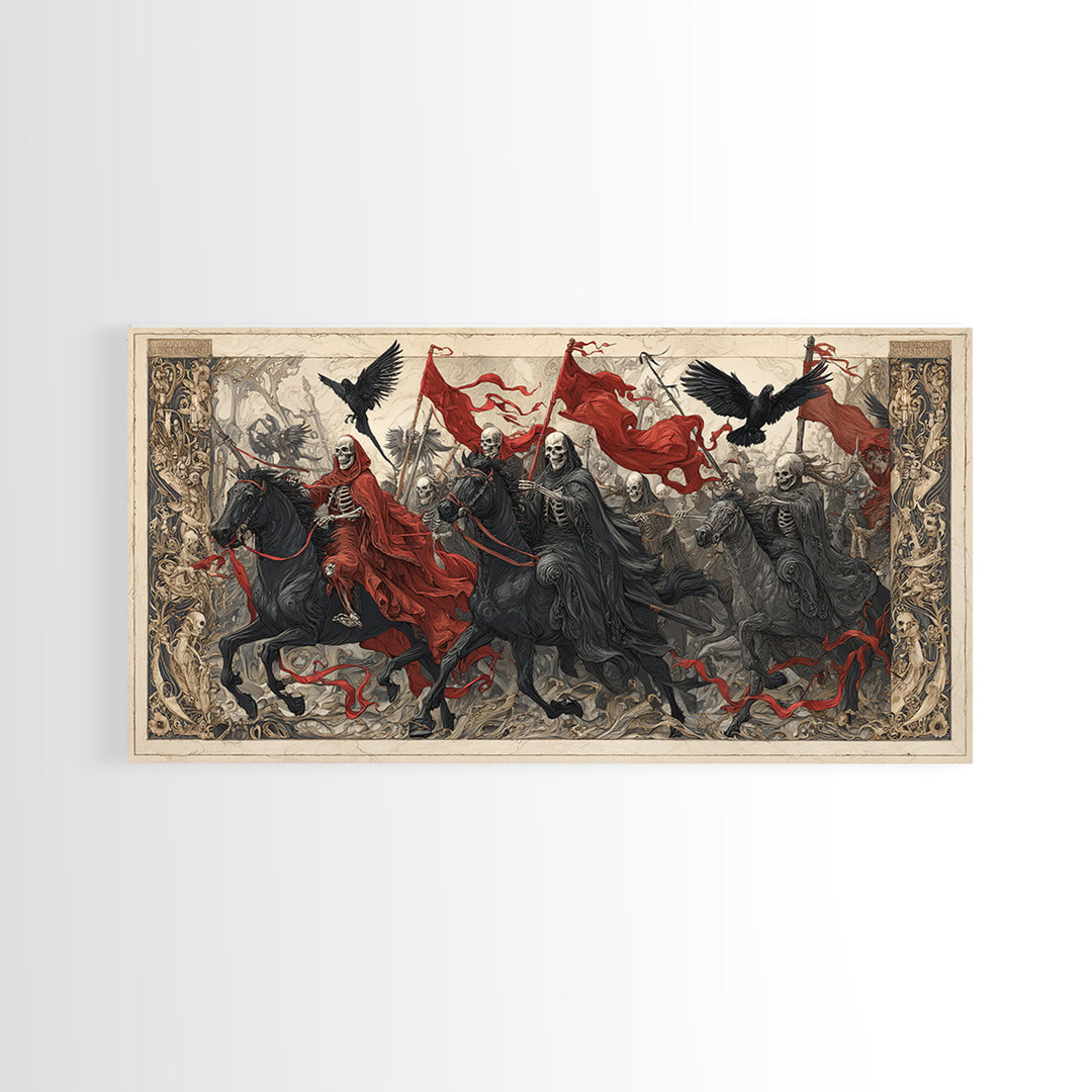 Medieval Danse Macabre, Biomechanical Horror Art, Wide Panoramic Art, Dark Halloween Decor, Canvas Print, Halloween Wall Art