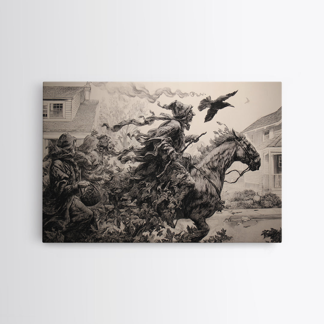 1950s Halloween Nostalgia, Renaissance Engraving Art, Landscape Wall Art, Dark Fantasy Wall Art, Canvas Print, Halloween Wall Art