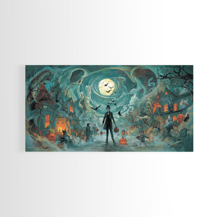 1950s Halloween Nostalgia, Apocalyptic Romantic Art, Wide Panoramic Art, Macabre Wall Art, Framed Canvas Print, Halloween Wall Art
