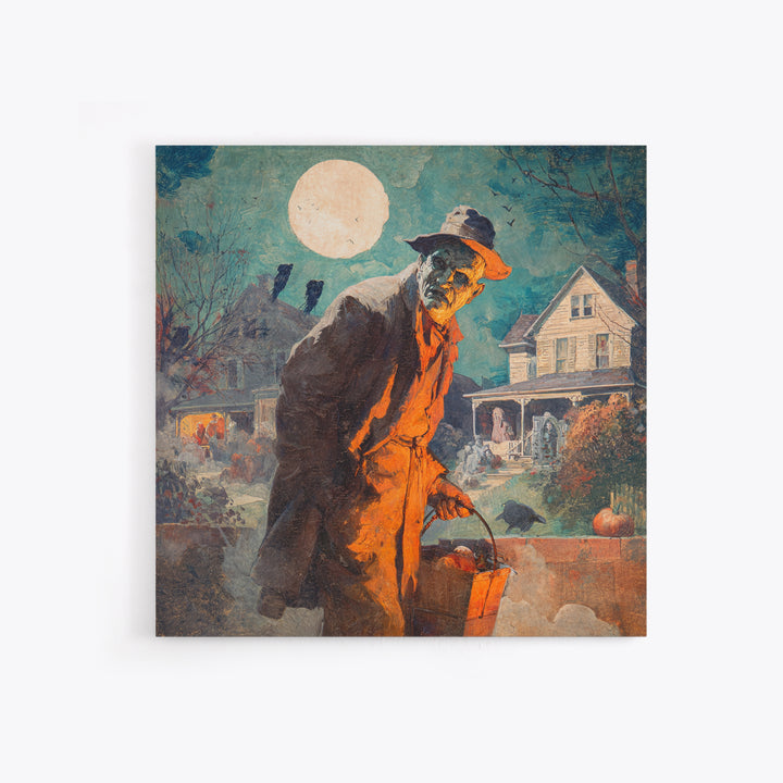 1950s Halloween Nostalgia, Symbolist Etching Art, Square Wall Art, Dark Halloween Decor, Framed Canvas Print, Halloween Wall Art