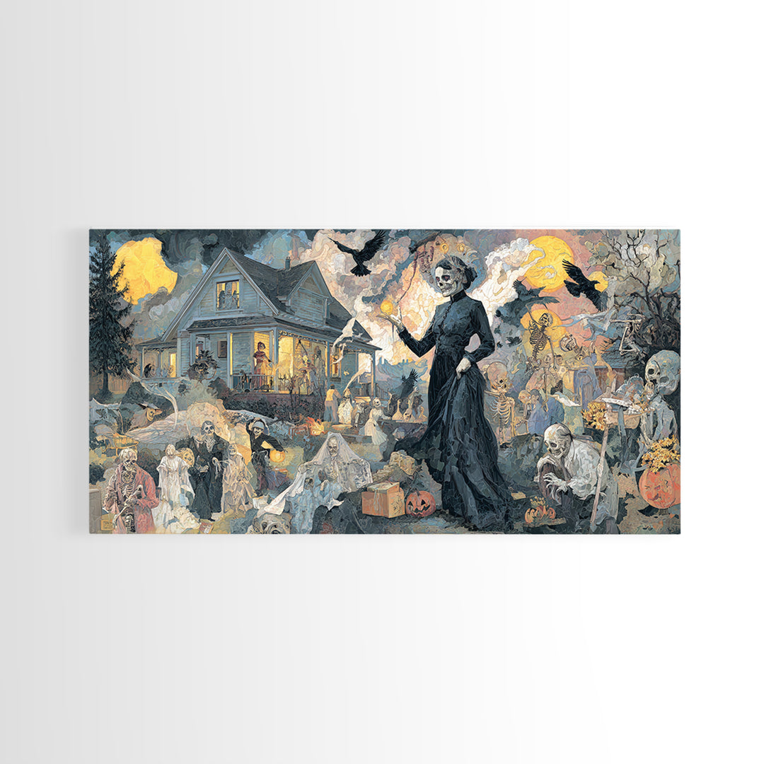 1950s Halloween Nostalgia, Grotesque Carnival Art, Wide Panoramic Art, Dark Halloween Decor, Framed Canvas Print, Halloween Wall Art