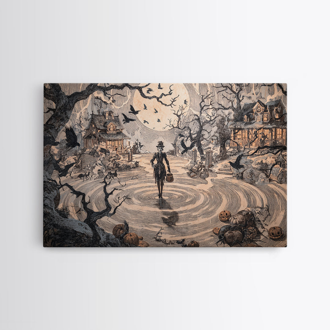 1950s Halloween Nostalgia, Gothic Storybook Art, Landscape Wall Art, Dark Halloween Decor, Canvas Print, Halloween Wall Art