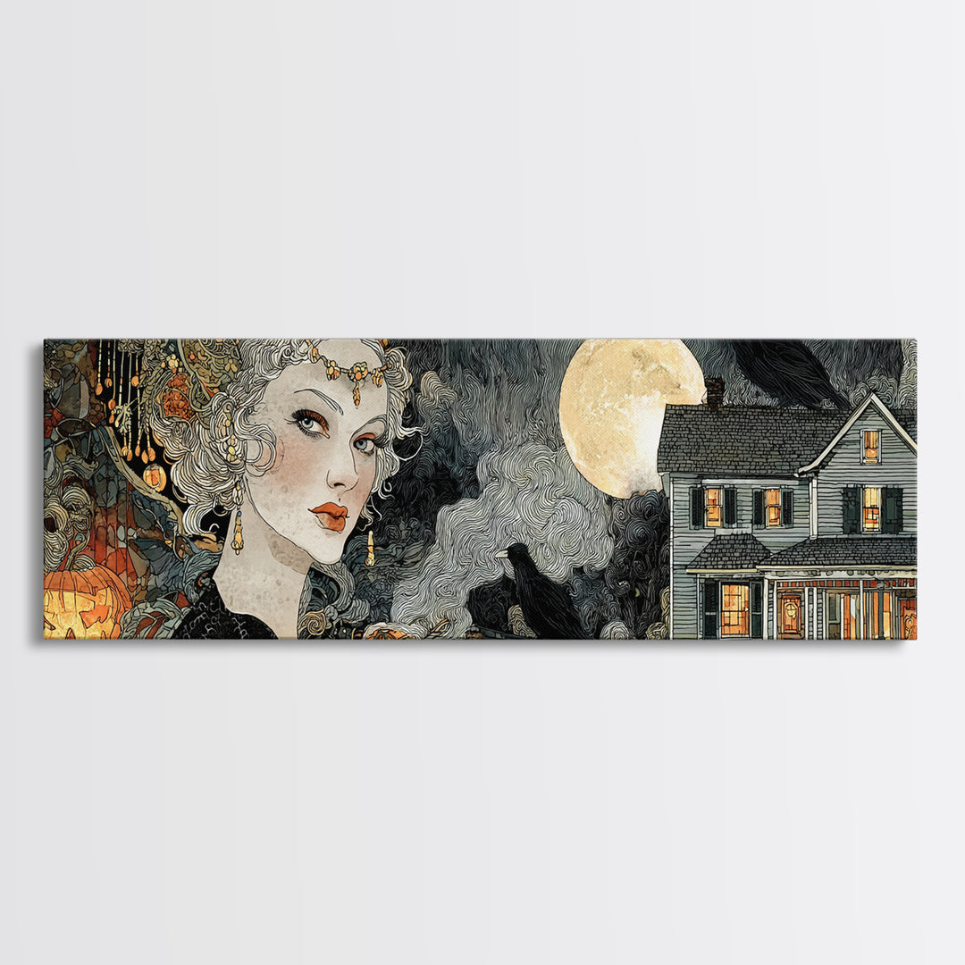 1950s Halloween Nostalgia, Stained Glass Gothic Art, Extra Wide Wall Art, Dark Halloween Decor, Canvas Print, Halloween Wall Art