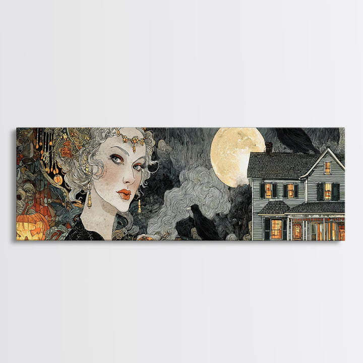 1950s Halloween Nostalgia, Stained Glass Gothic Art, Extra Wide Wall Art, Dark Halloween Decor, Canvas Print, Halloween Wall Art