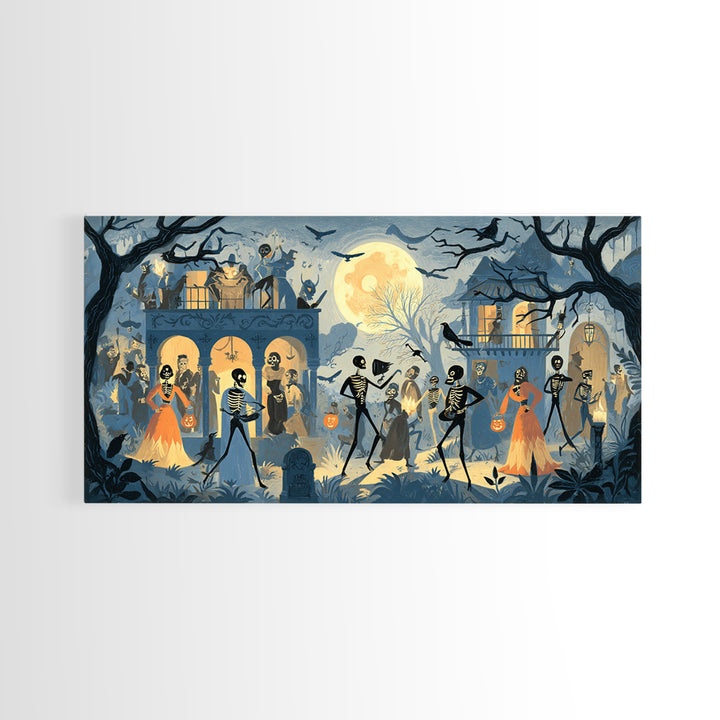 1950s Halloween Nostalgia, Macabre Folk Print Art, Wide Panoramic Art, Dark Halloween Decor, Canvas Print, Halloween Wall Art