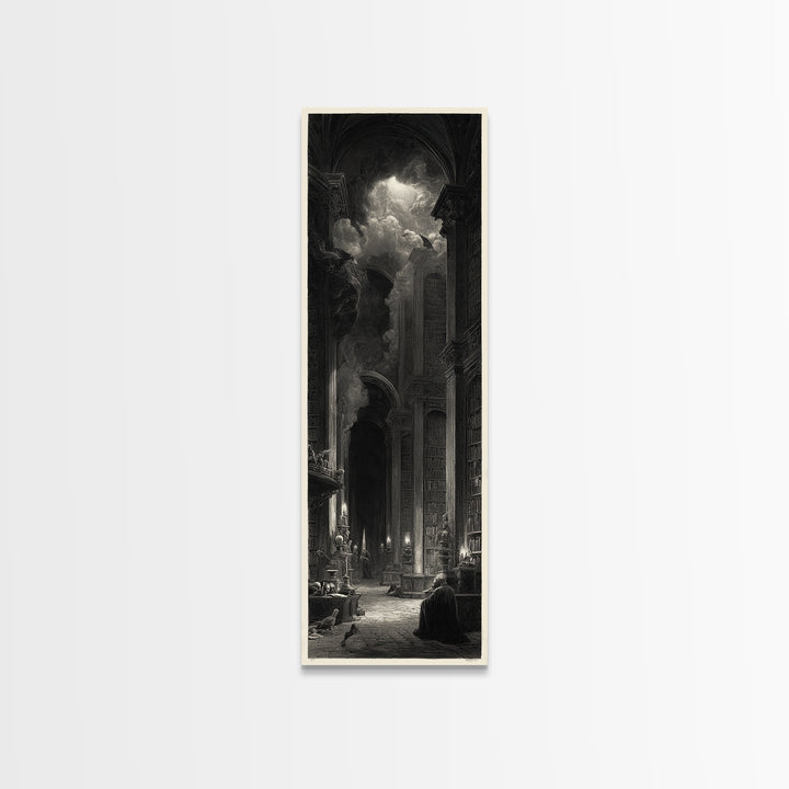 Dark Academia Halloween, Gothic Engraving Art, Tall Narrow Wall Art, Dark Fantasy Wall Art, Canvas Print, Halloween Wall Art