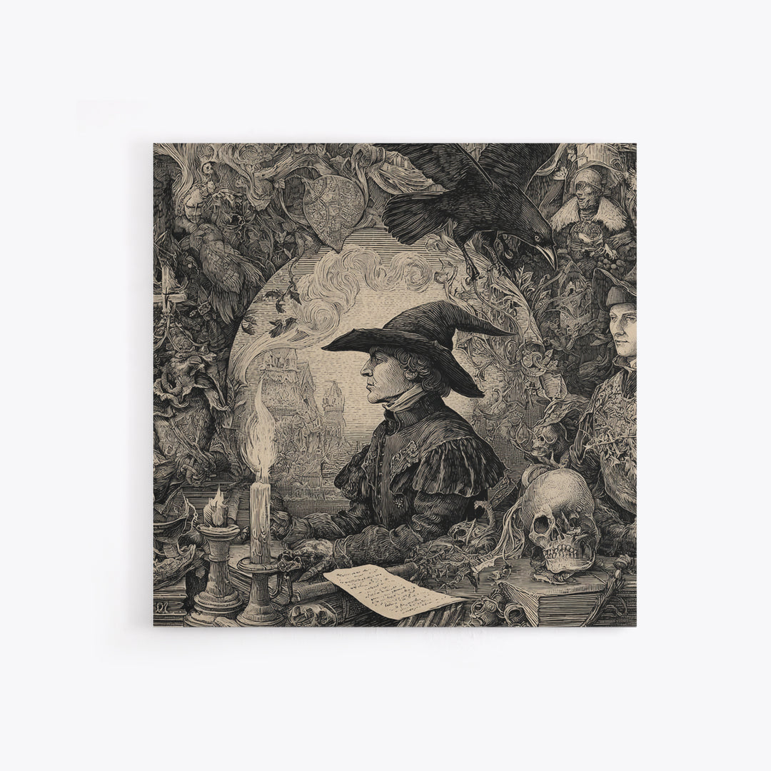 Dark Academia Halloween, Renaissance Engraving Art, Square Wall Art, Gothic Horror Wall Art, Canvas Print, Halloween Wall Art