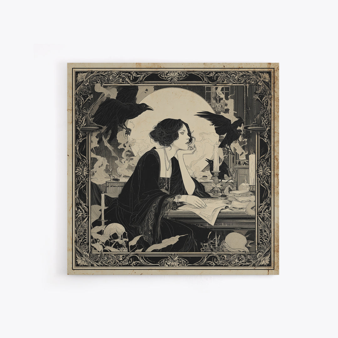 Dark Academia Halloween, Decadent Line Art, Square Wall Art, Dark Halloween Decor, Framed Canvas Print, Halloween Wall Art