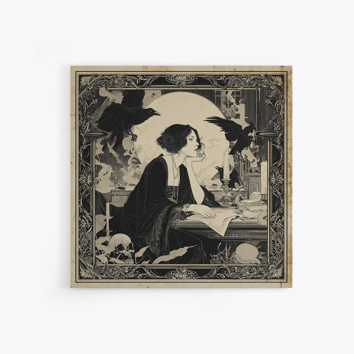Dark Academia Halloween, Decadent Line Art, Square Wall Art, Dark Halloween Decor, Framed Canvas Print, Halloween Wall Art
