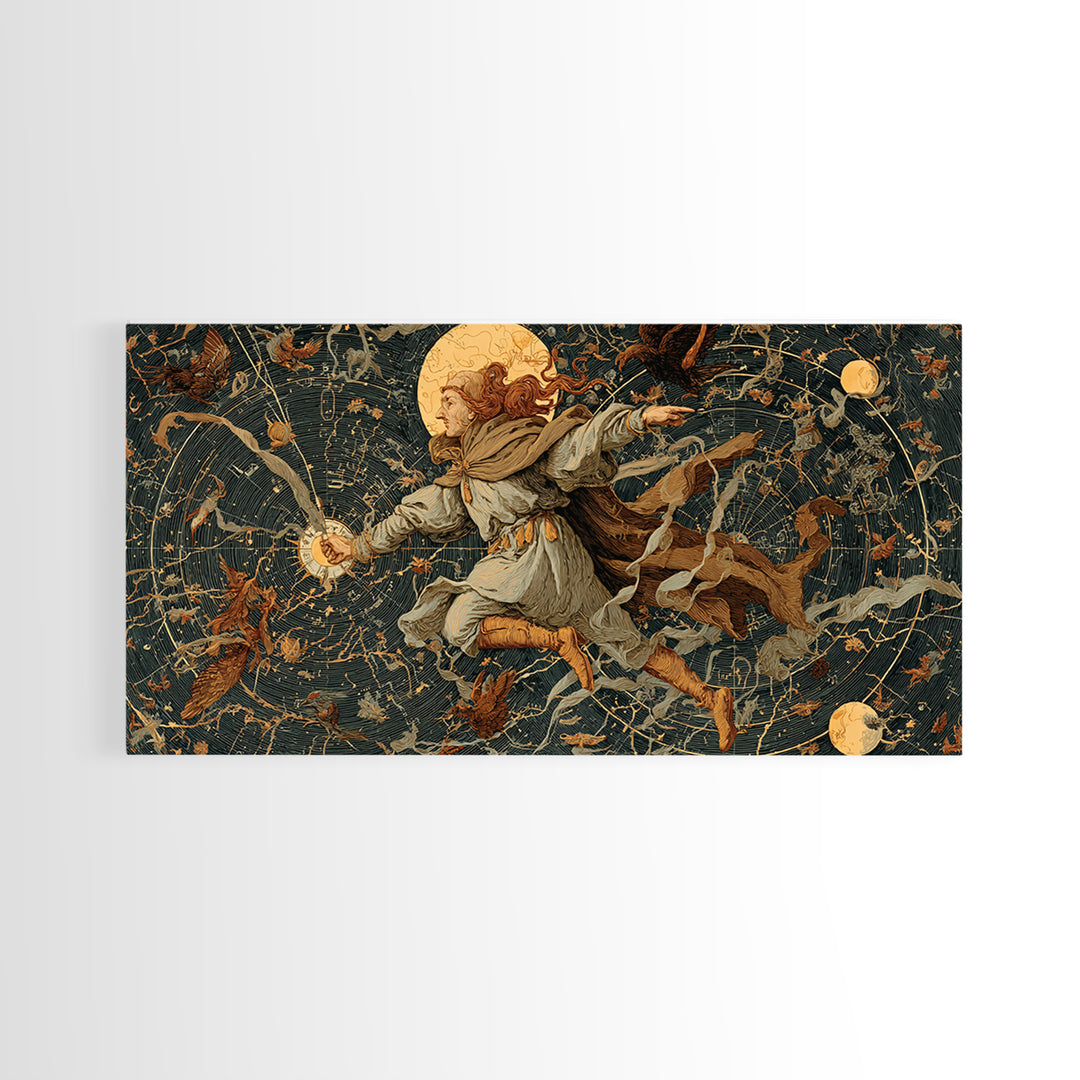 Celestial Witchcraft, Medieval Grotesque Art, Wide Panoramic Art, Macabre Wall Art, Framed Canvas Print, Halloween Wall Art