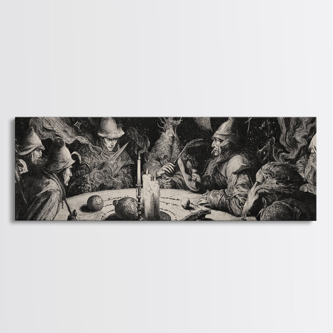 Celestial Witchcraft, Renaissance Engraving Art, Extra Wide Wall Art, Gothic Horror Wall Art, Canvas Print, Halloween Wall Art