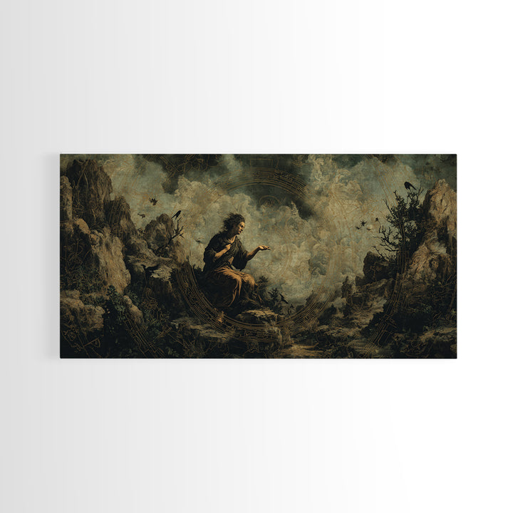 Celestial Witchcraft, Baroque Witchcraft Art, Wide Panoramic Art, Dark Halloween Decor, Framed Canvas Print, Halloween Wall Art