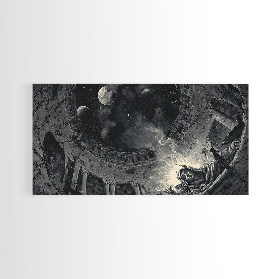 Celestial Witchcraft, Architectural Etching Art, Wide Panoramic Art, Gothic Horror Wall Art, Framed Canvas Print