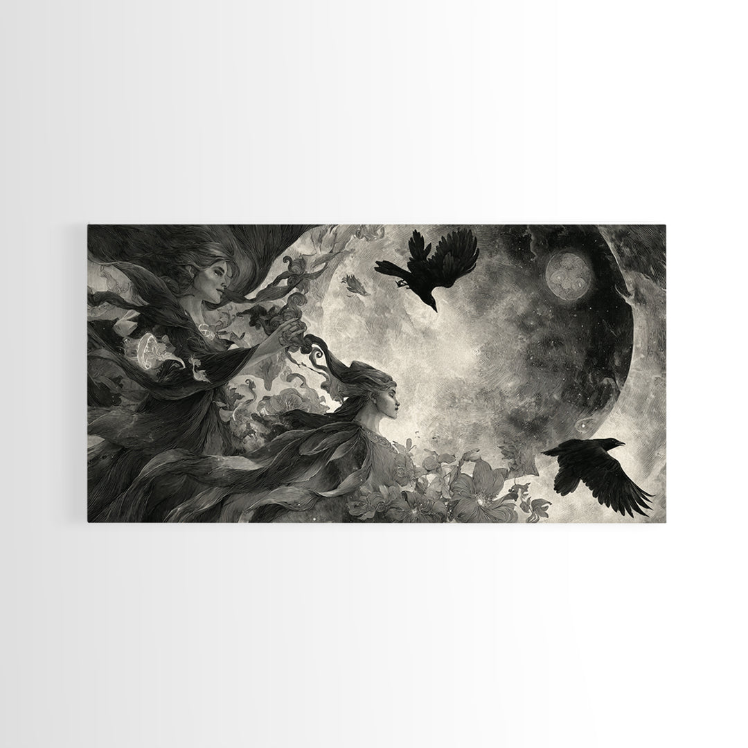 Celestial Witchcraft, Symbolist Dream Art, Wide Panoramic Art, Dark Fantasy Wall Art, Framed Canvas Print, Halloween Wall Art