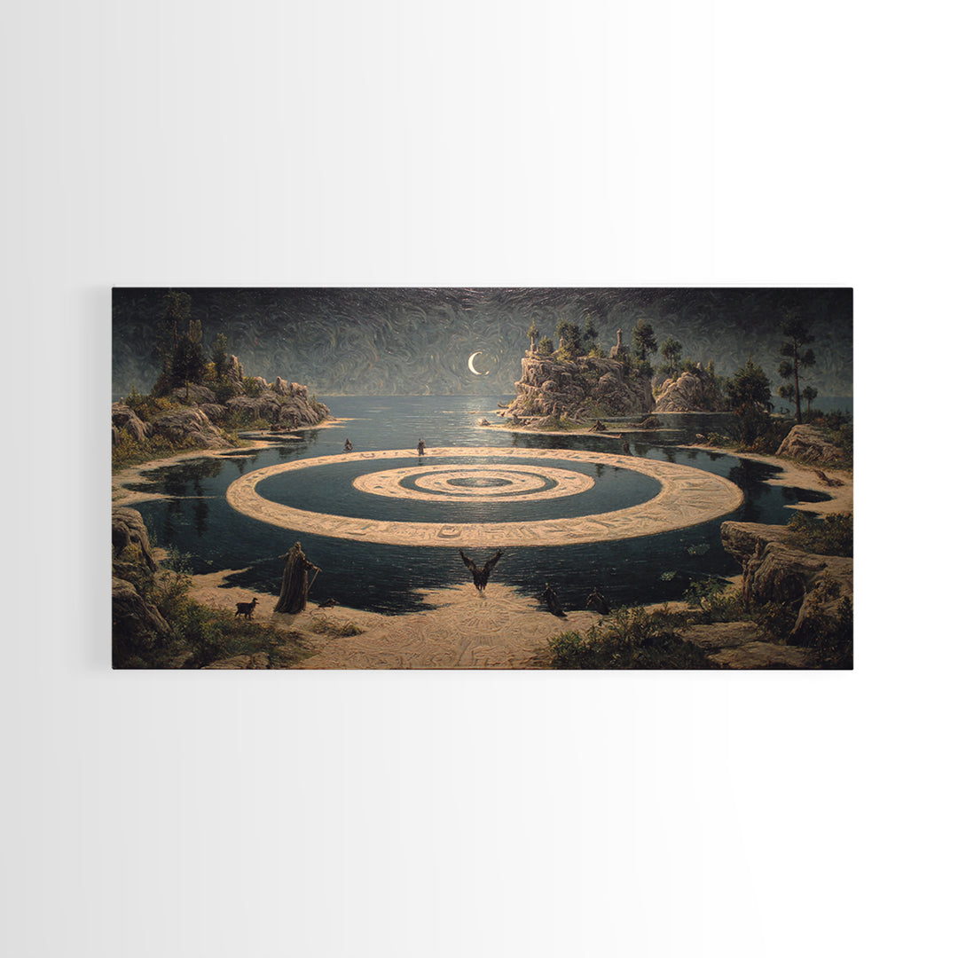 Celestial Witchcraft, Symbolist Gothic Landscape, Wide Panoramic Art, Dark Halloween Decor, Framed Canvas Print, Halloween Wall Art