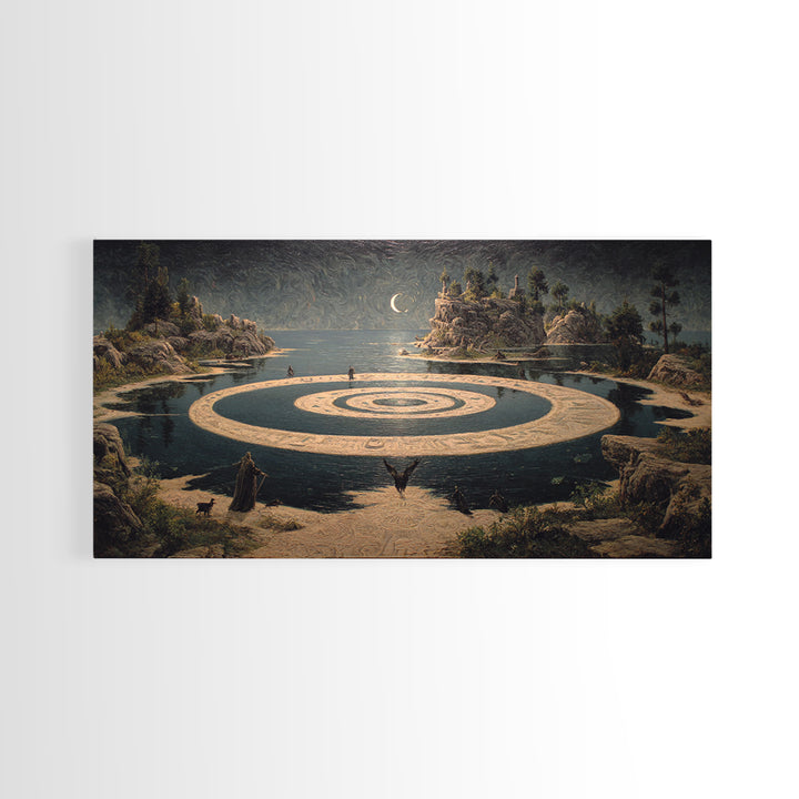 Celestial Witchcraft, Symbolist Gothic Landscape, Wide Panoramic Art, Dark Halloween Decor, Framed Canvas Print, Halloween Wall Art