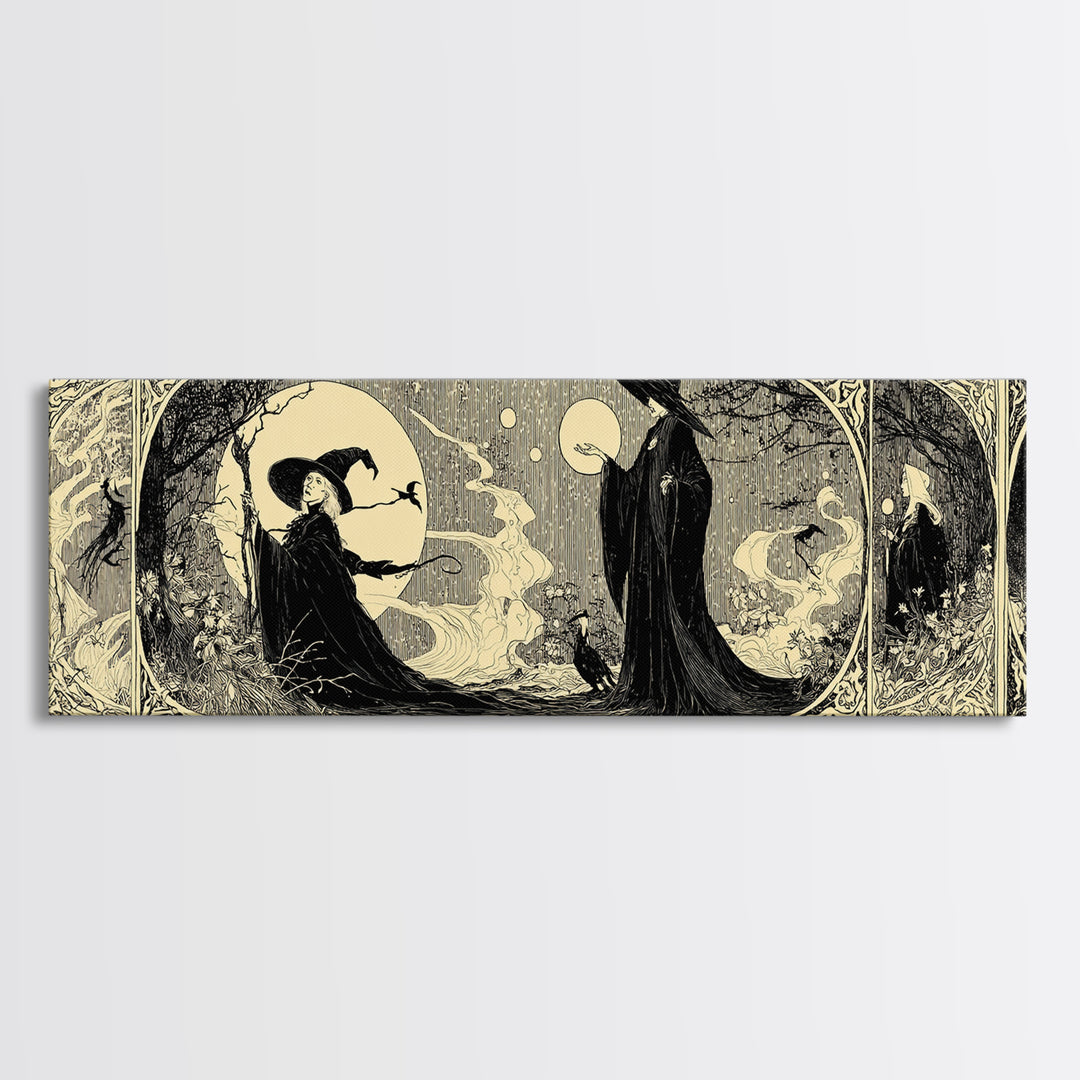 Celestial Witchcraft, Decadent Line Art, Extra Wide Wall Art, Macabre Wall Art, Framed Canvas Print, Halloween Wall Art