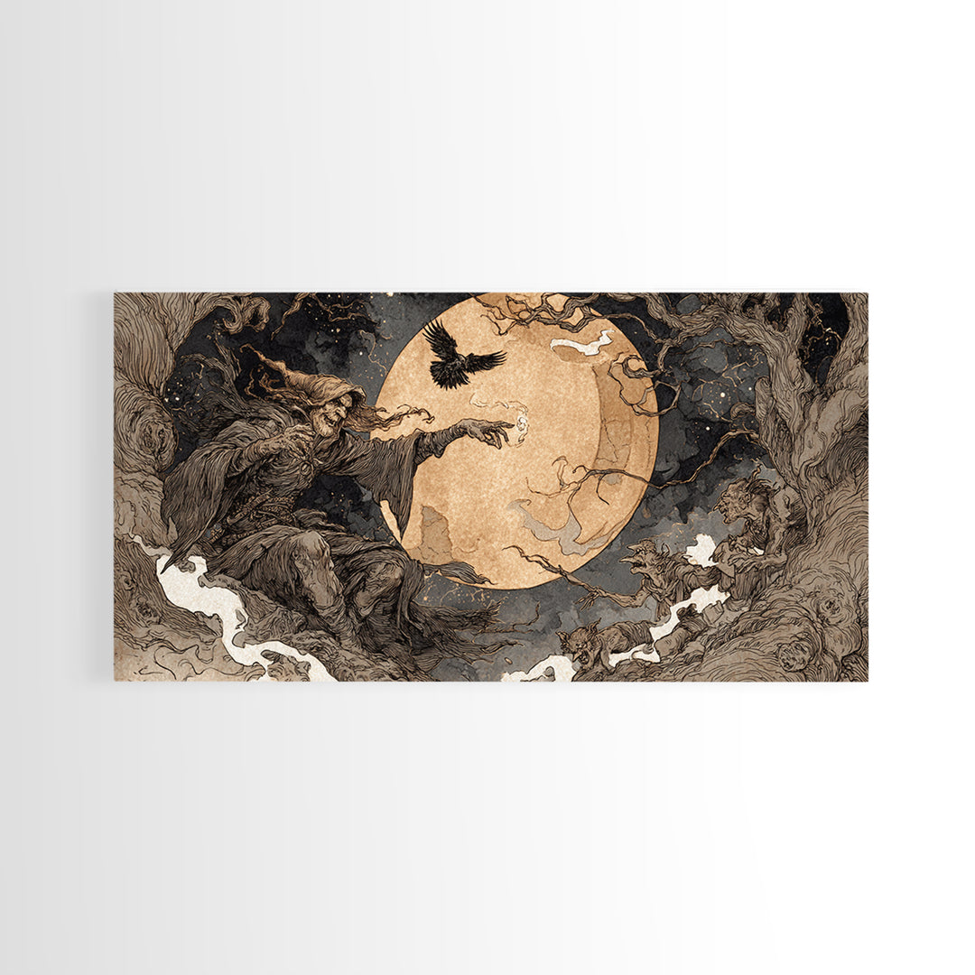 Celestial Witchcraft, Gothic Storybook Art, Wide Panoramic Art, Dark Halloween Decor, Canvas Print, Halloween Wall Art