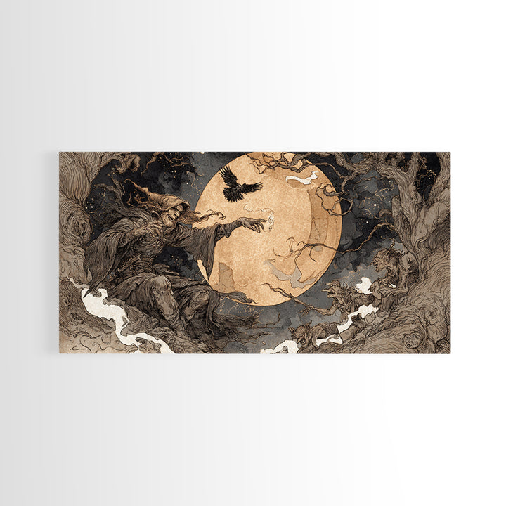 Celestial Witchcraft, Gothic Storybook Art, Wide Panoramic Art, Dark Halloween Decor, Canvas Print, Halloween Wall Art