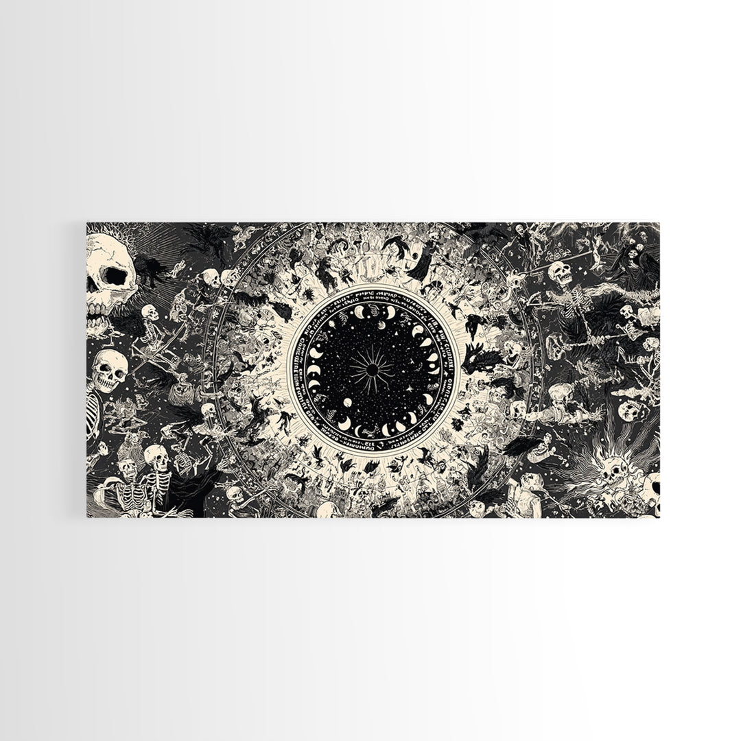 Celestial Witchcraft, Macabre Folk Print Art, Wide Panoramic Art, Dark Halloween Decor, Framed Canvas Print, Halloween Wall Art