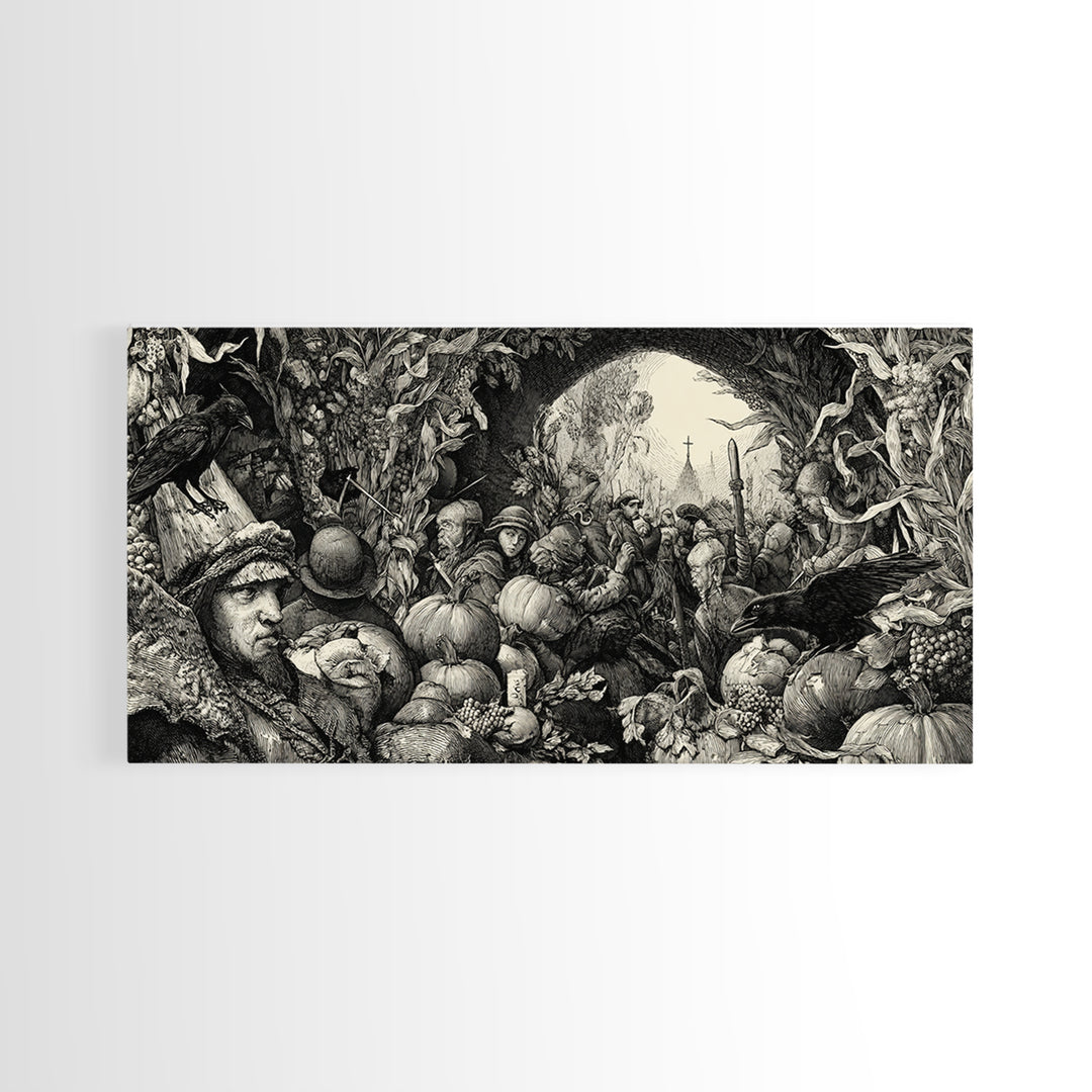 Occult Harvest Festival, Renaissance Engraving Art, Wide Panoramic Art, Gothic Horror Wall Art, Framed Canvas Print, Halloween Wall Art