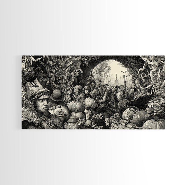 Occult Harvest Festival, Renaissance Engraving Art, Wide Panoramic Art, Gothic Horror Wall Art, Framed Canvas Print, Halloween Wall Art
