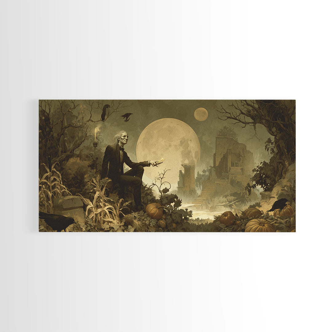 Occult Harvest Festival, Romantic Gothic Landscape, Wide Panoramic Art, Macabre Wall Art, Framed Canvas Print, Halloween Wall Art